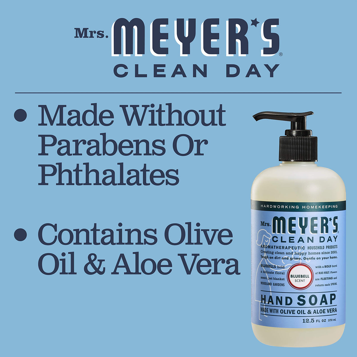 Mrs. MEYER'S olive and aloe ingredients display showing nourishing formulation benefit