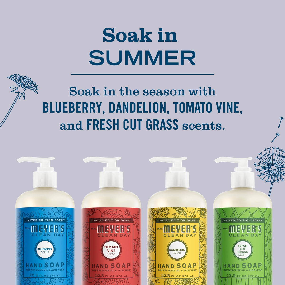 Mrs. MEYER'S Blueberry bottle close-up highlighting label and bright fragrance