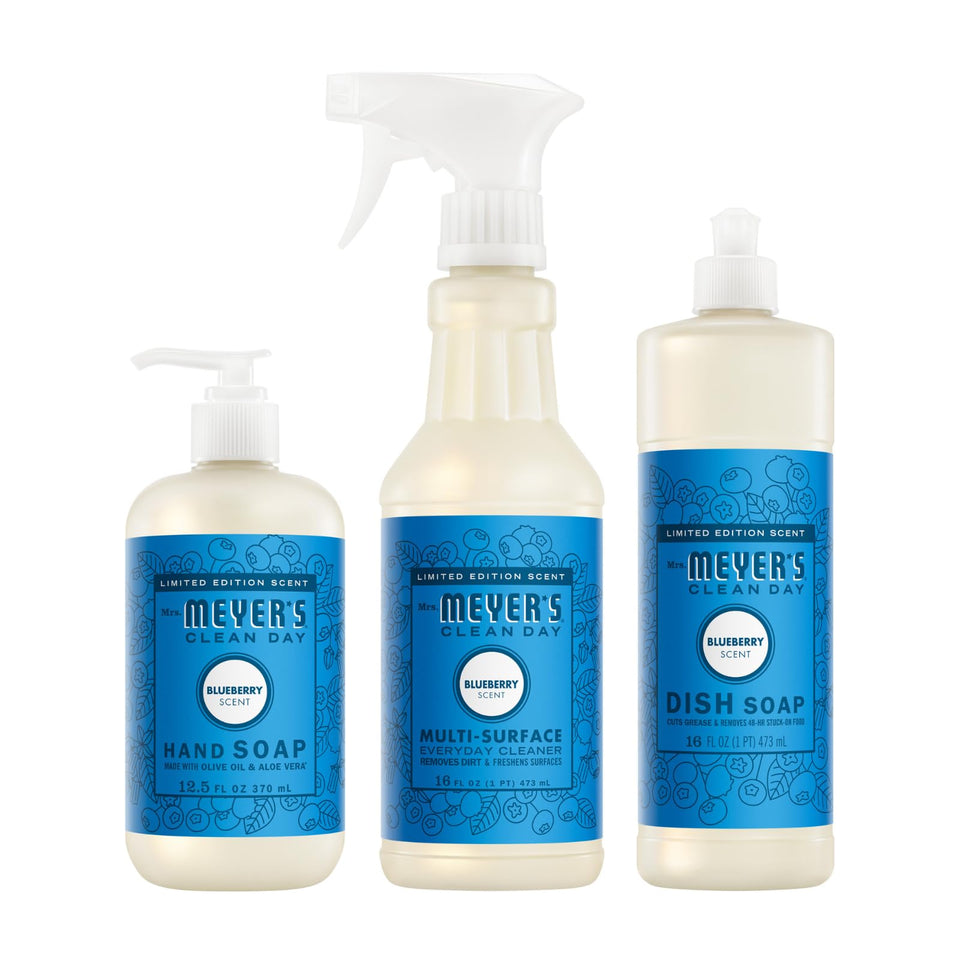 Mrs. MEYER'S front packaging showing three Blueberry cleaning bottles, inviting scent