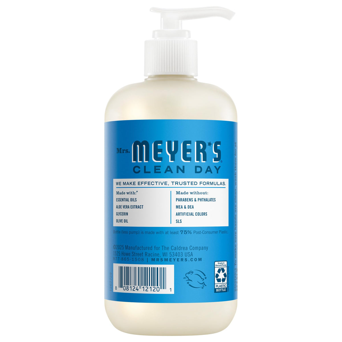 Mrs. MEYER'S Blueberry hand soap pump close-up, clear dispenser for controlled use