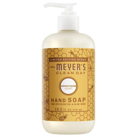 Mrs. MEYER'S five soaps lined on a bathroom counter, offering scent variety for rooms