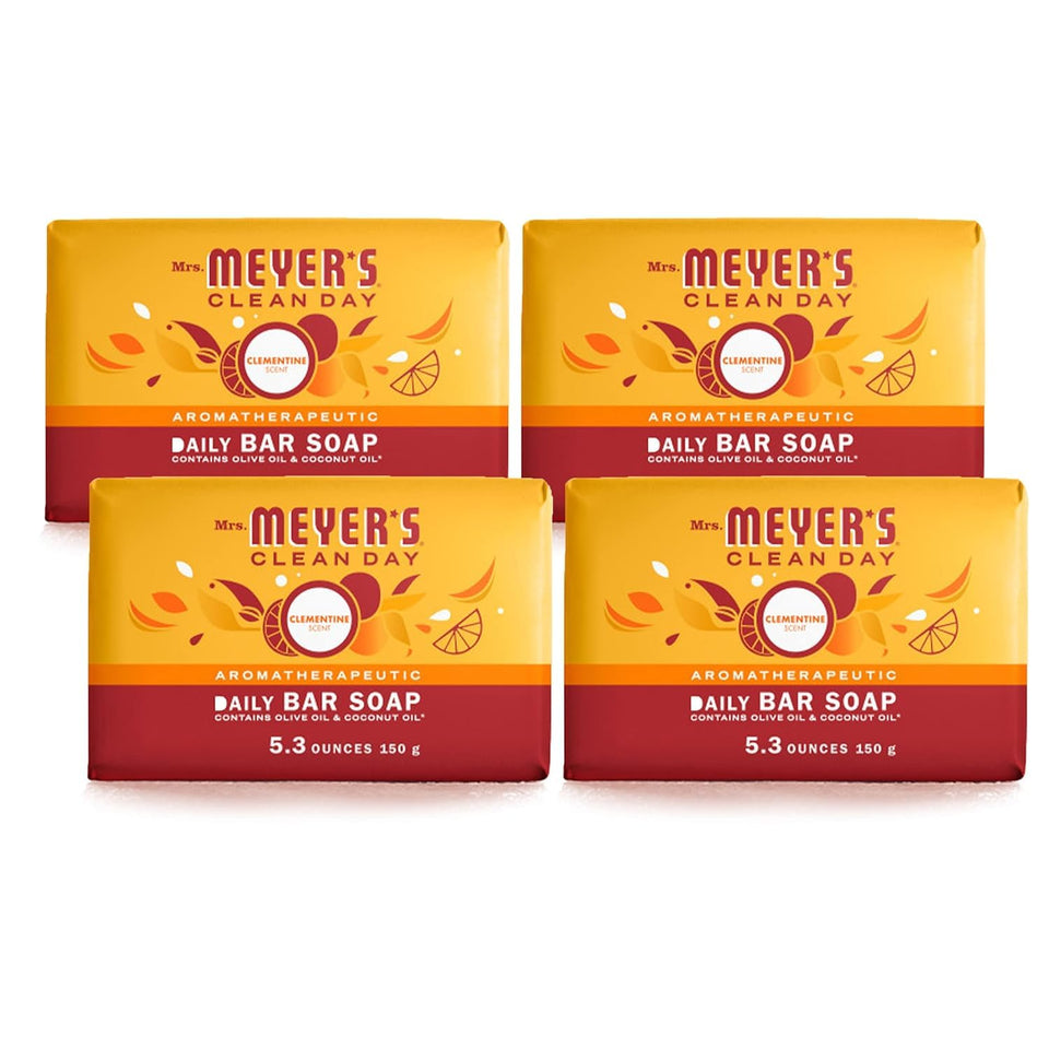 Mrs. MEYER'S front packaging showing four Clementine bars and recyclable wrapper benefit