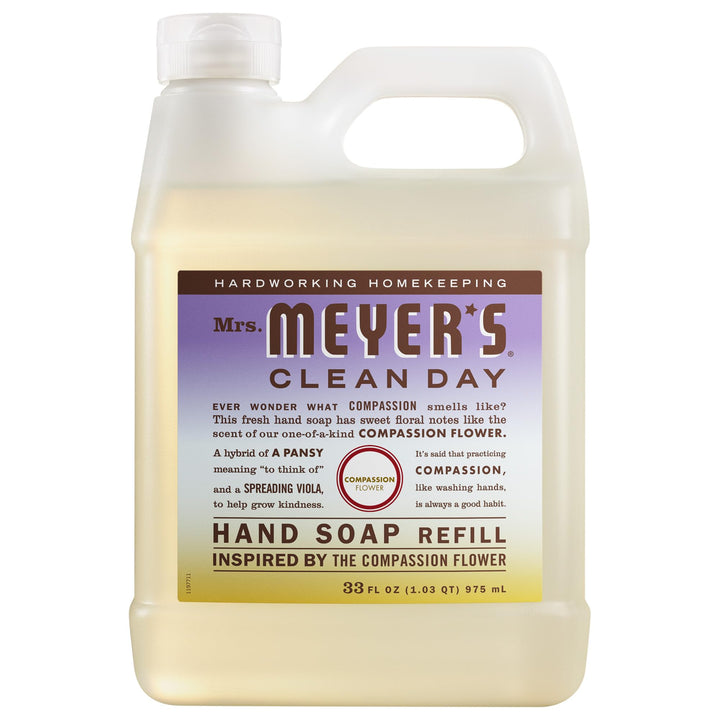 Mrs. Meyer's Compassion Flower front label showing scent and volume benefits