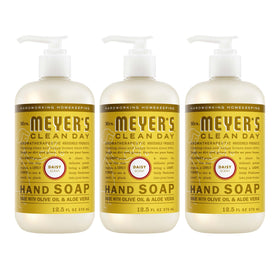 Mrs. Meyer's front packaging showing three daisy-scented bottles and advantage of set