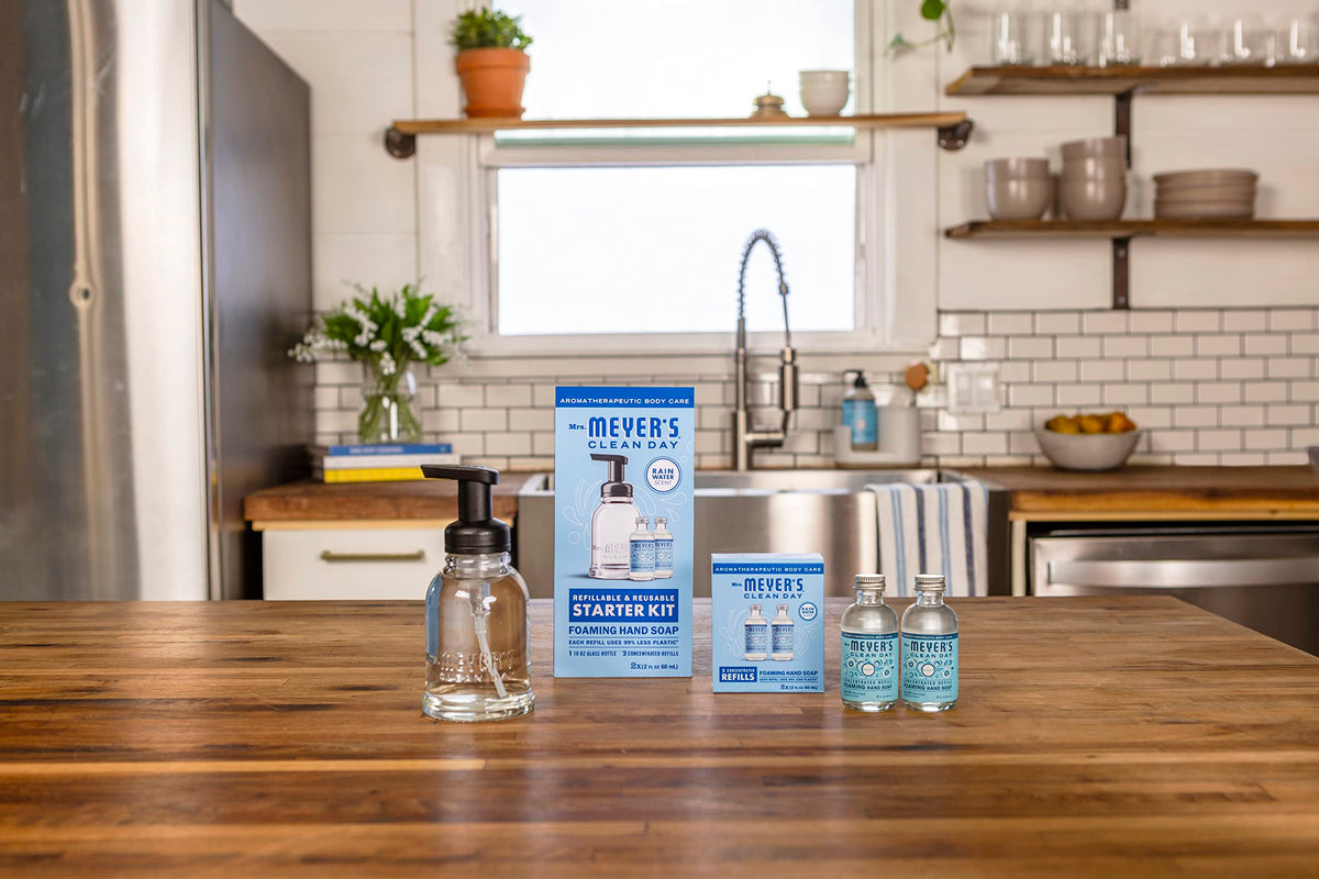 Mrs. Meyer's foaming soap on a sink in a home setting promoting reduced plastic waste benefit