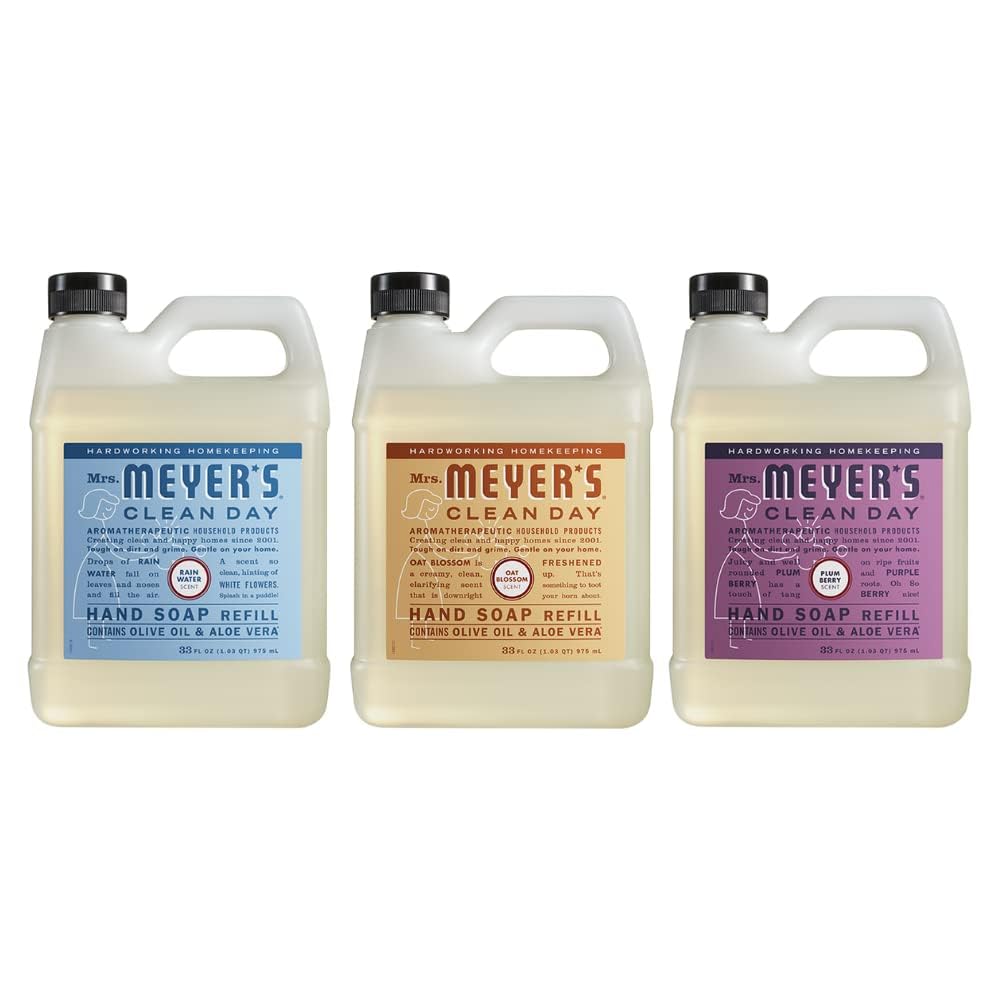 Mrs. MEYER'S front packaging showing three refill bottles and eco benefits