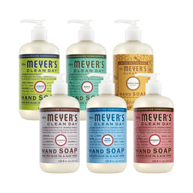 Mrs. MEYER'S front packaging showing six bottles and variety benefits