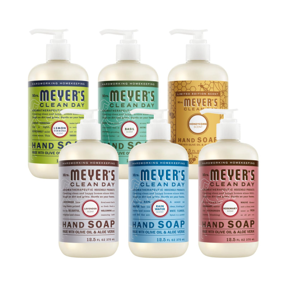 Mrs. MEYER'S front packaging showing six bottles and variety benefits
