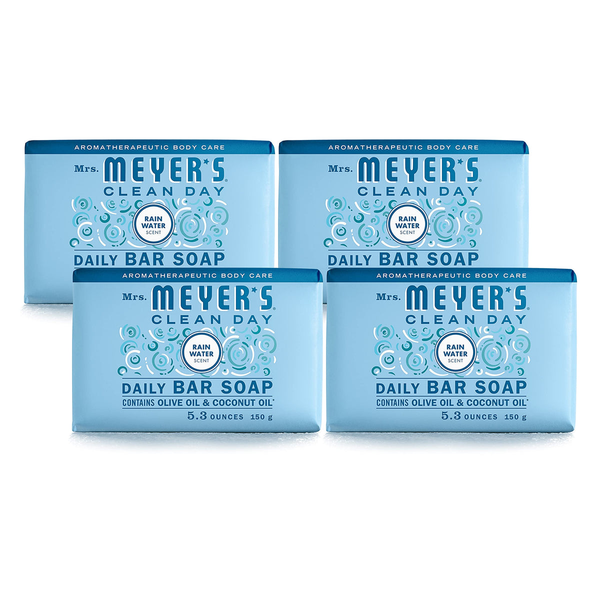 Mrs. Meyer's front packaging showing Rain Water scent and recycled wrap benefits