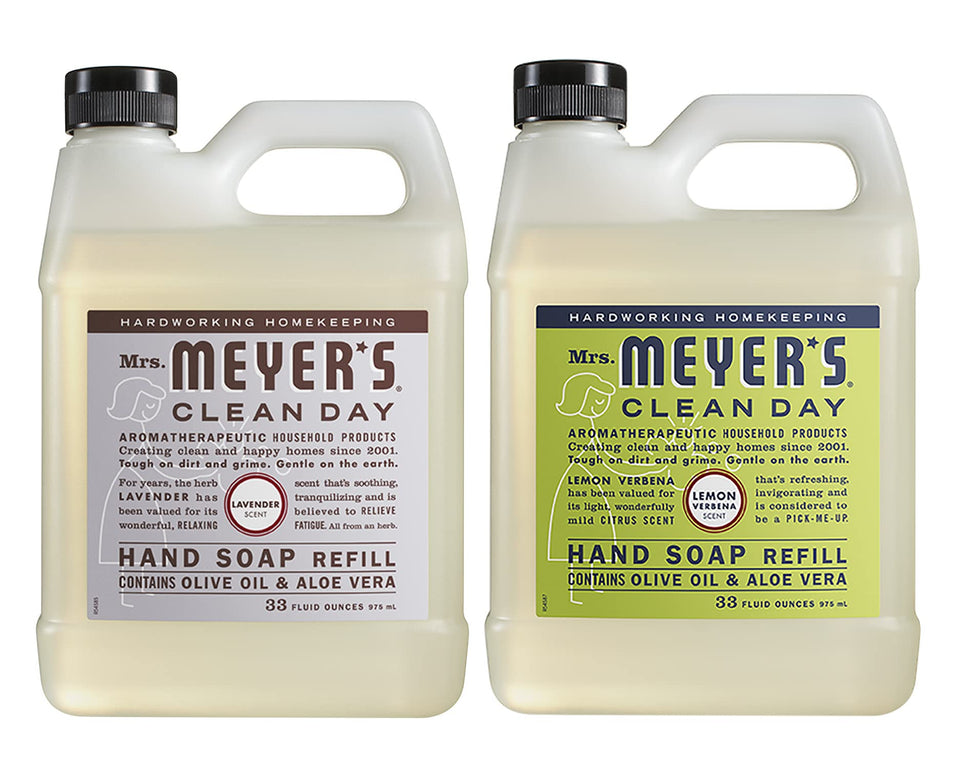 Mrs. MEYER'S front packaging refill variety showing two scented bottles and eco benefit