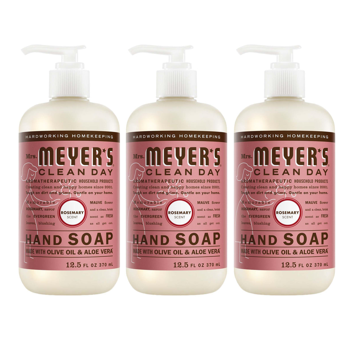 Mrs. Meyer's front packaging showing rosemary scent and three bottles for convenience