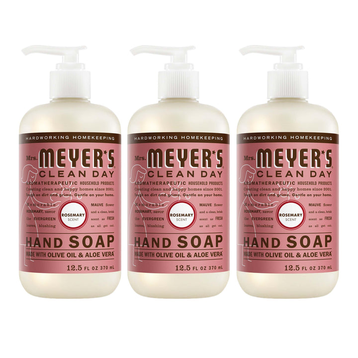 Mrs. Meyer's front packaging showing rosemary scent and three bottles for convenience