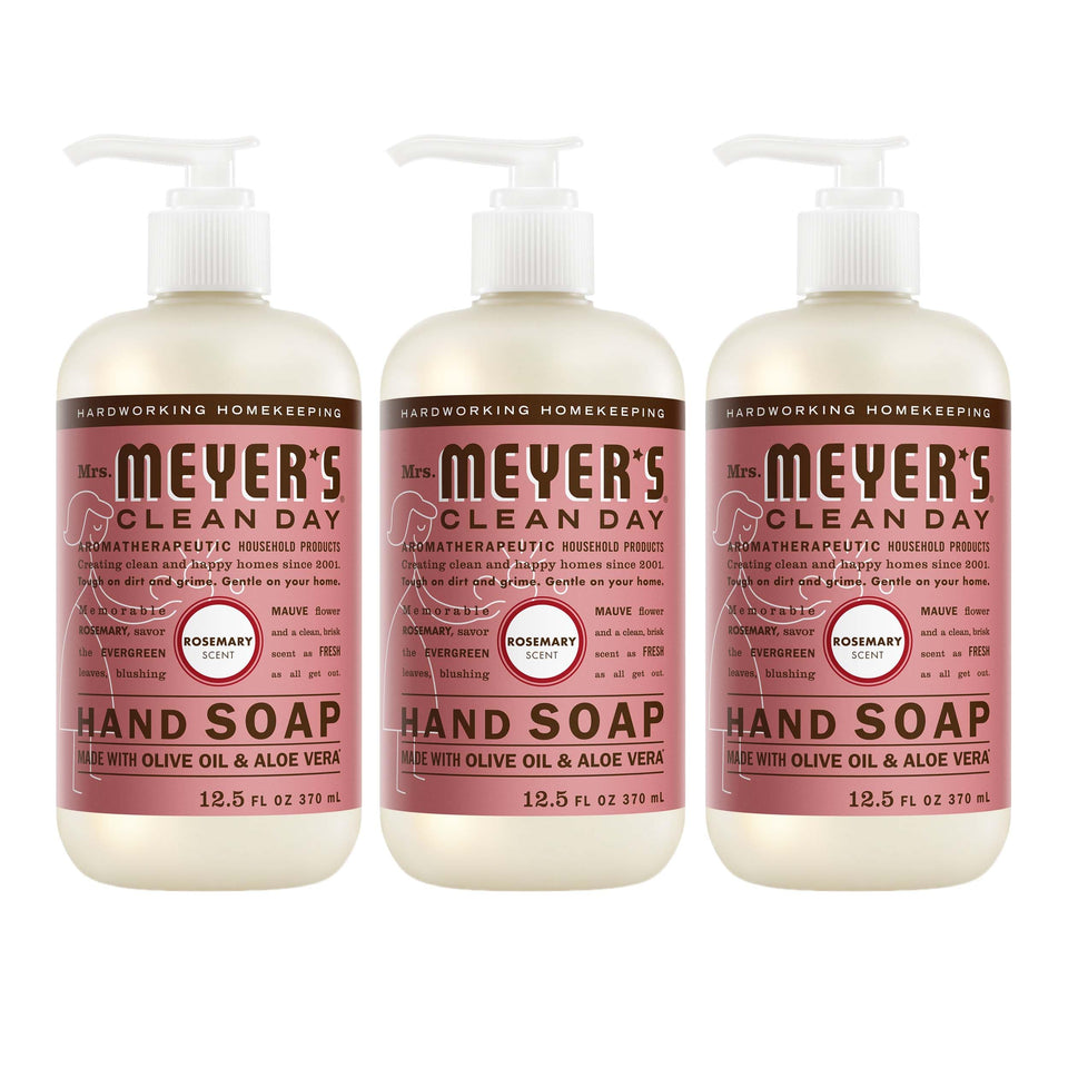 Mrs. Meyer's front packaging showing rosemary scent and three bottles for convenience