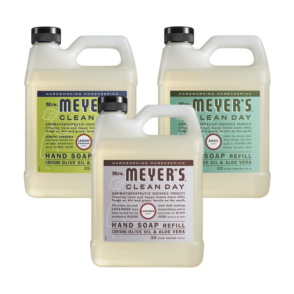 Mrs. MEYER'S front packaging showing three refill bottles and eco benefit
