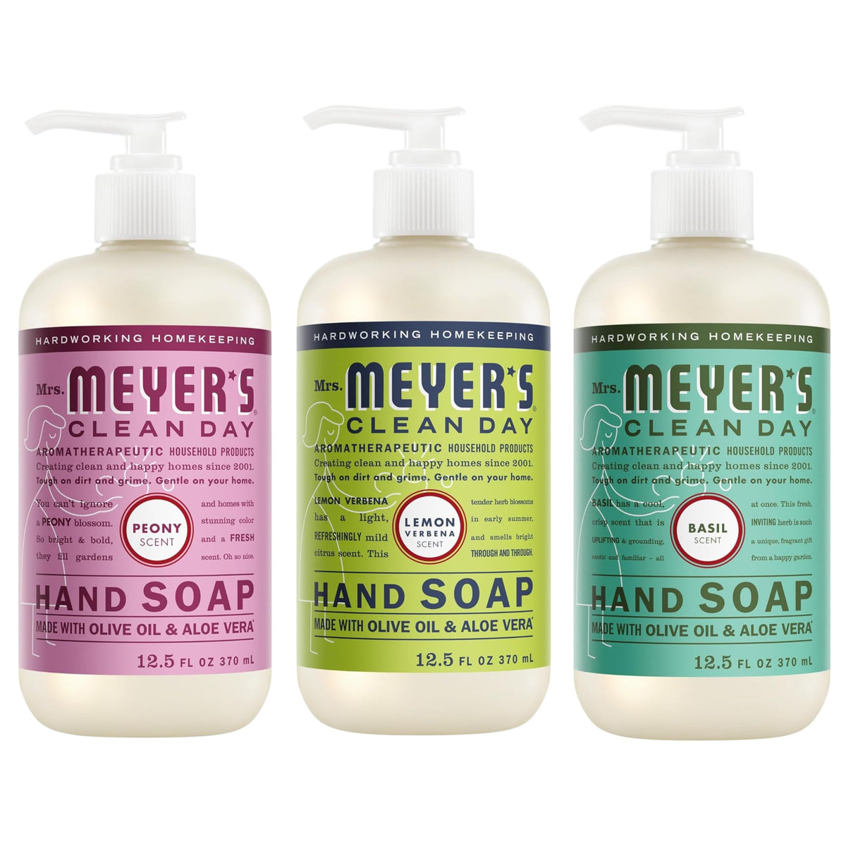 Mrs. MEYER'S front packaging trio showing three bottles and clear labeling, quick selection benefit