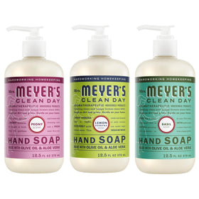 Mrs. MEYER'S front packaging trio showing three bottles and clear labeling, quick selection benefit