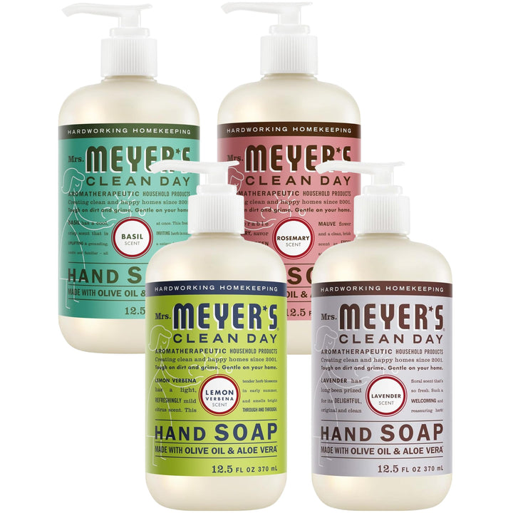 Mrs. MEYER'S front packaging showing four scent bottles, showcases variety and convenience