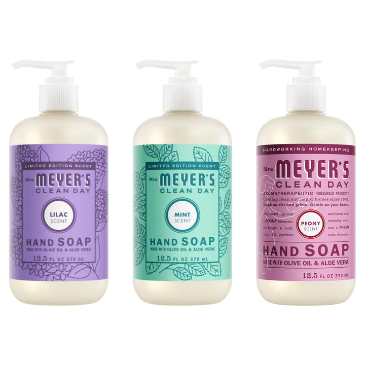 Mrs. MEYER'S front view of the three-bottle variety pack showing labels and scents