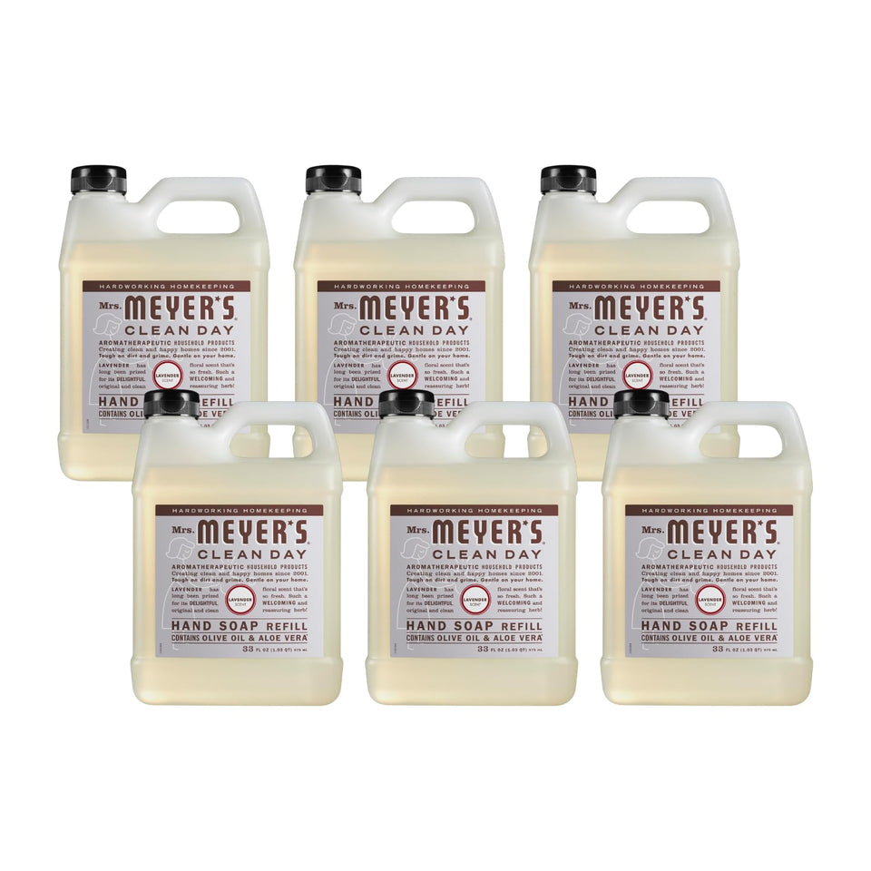 Mrs. MEYER'S front packaging showing six lavender refill bottles and clear labeling, convenient supply