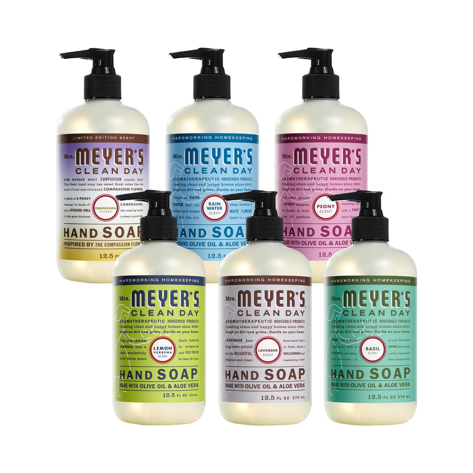 Mrs. MEYER'S front packaging showing six bottles and variety benefits