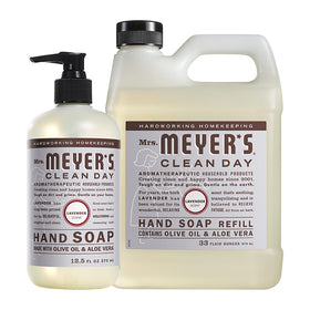Mrs. MEYER'S front packaging showing dispenser and refill, clear benefit of complete set