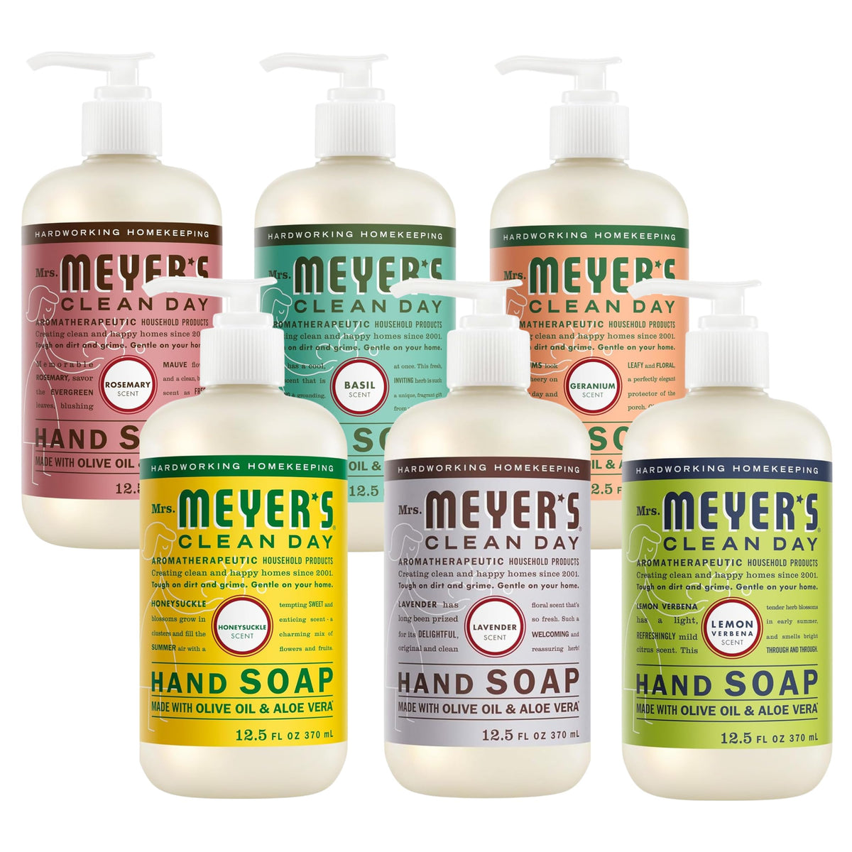 Mrs. MEYER'S front packaging showing six scented soap bottles and clear labels, elegant presentation