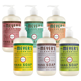 Mrs. MEYER'S front packaging showing six scented soap bottles and clear labels, elegant presentation