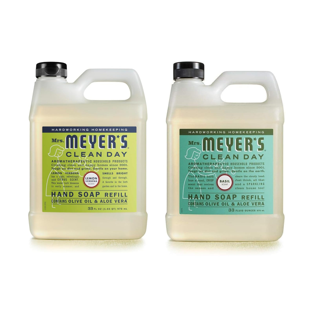Mrs. MEYER'S front packaging showing both basil and lemon verbena refills for easy selection