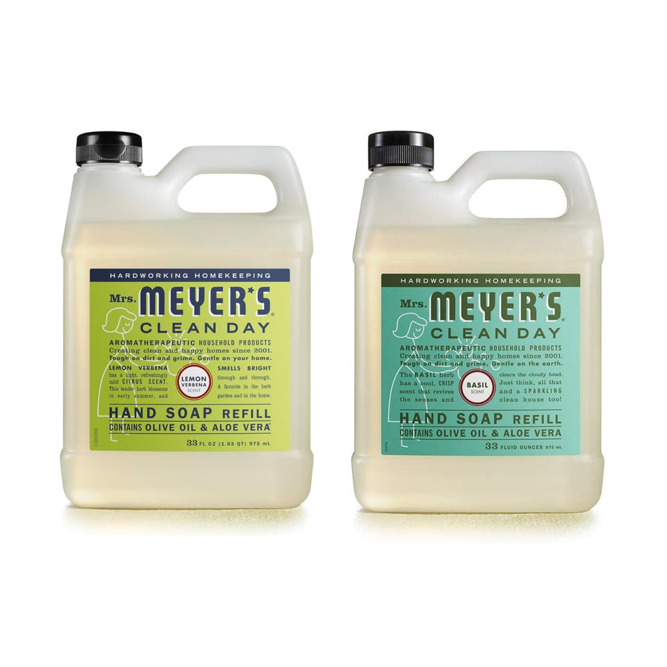 Mrs. MEYER'S front packaging showing both basil and lemon verbena refills for easy selection
