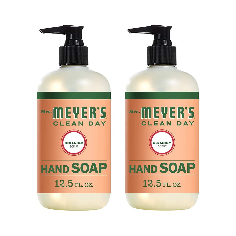Mrs. MEYER'S geranium front bottle showing clean packaging and easy dispensing benefit