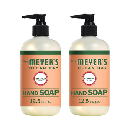 Mrs. MEYER'S geranium front bottle showing clean packaging and easy dispensing benefit