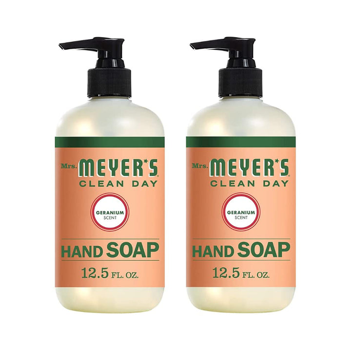 Mrs. MEYER'S geranium front bottle showing clean packaging and easy dispensing benefit