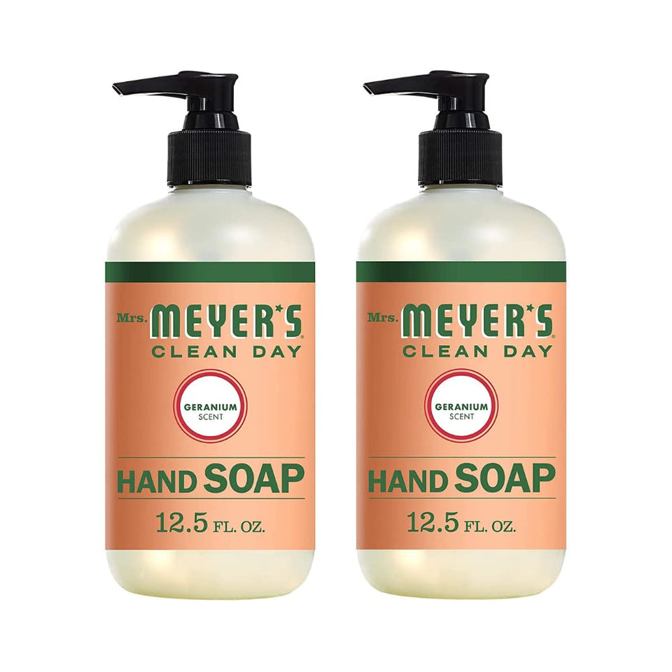 Mrs. MEYER'S geranium front bottle showing clean packaging and easy dispensing benefit