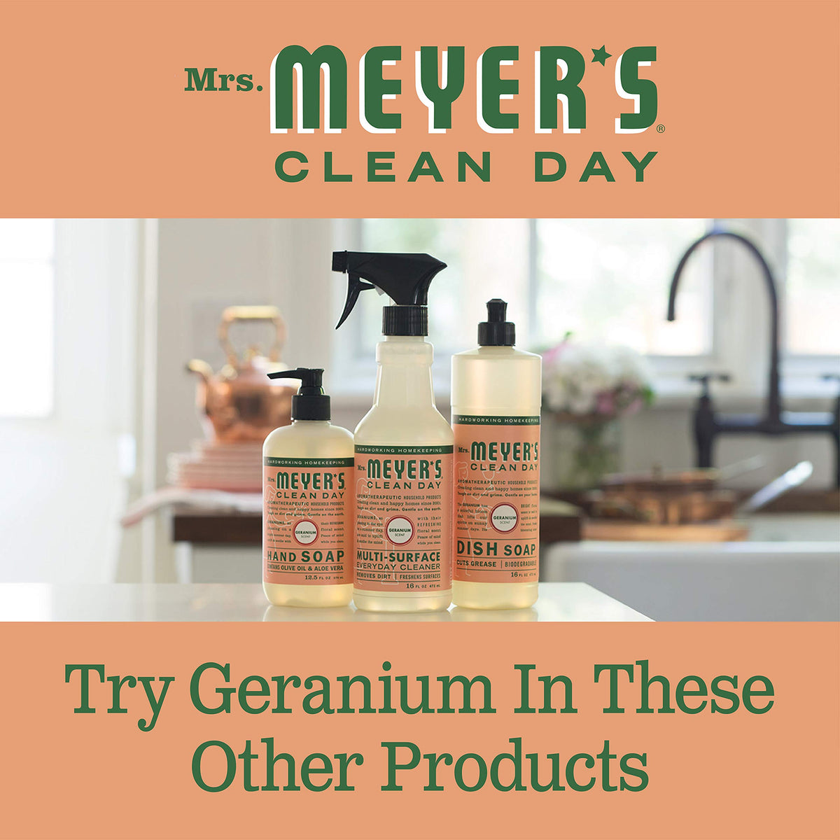 Arrangement of key ingredients with Mrs. MEYER'S bottle showing plant-based formulation