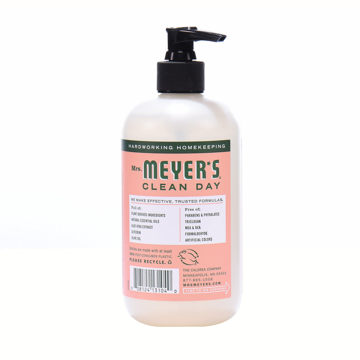 Close-up of Mrs. MEYER'S label highlighting geranium scent and ingredient transparency