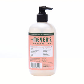 Close-up of Mrs. MEYER'S label highlighting geranium scent and ingredient transparency