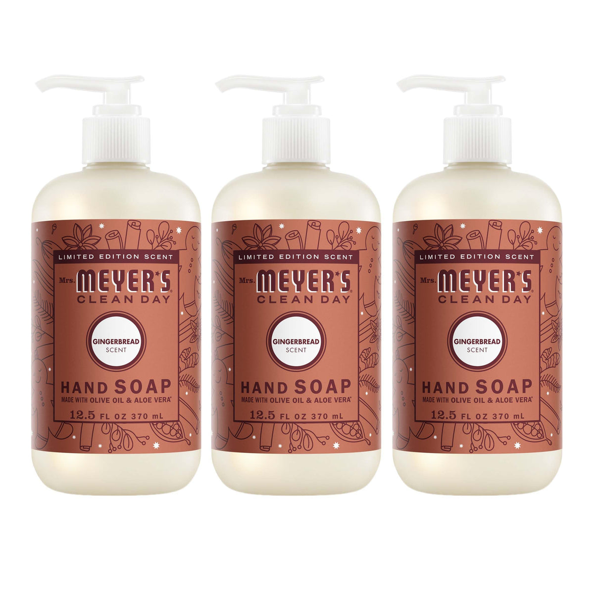 Mrs. MEYER'S front pump bottle showing gingerbread scent and easy dispensing benefit