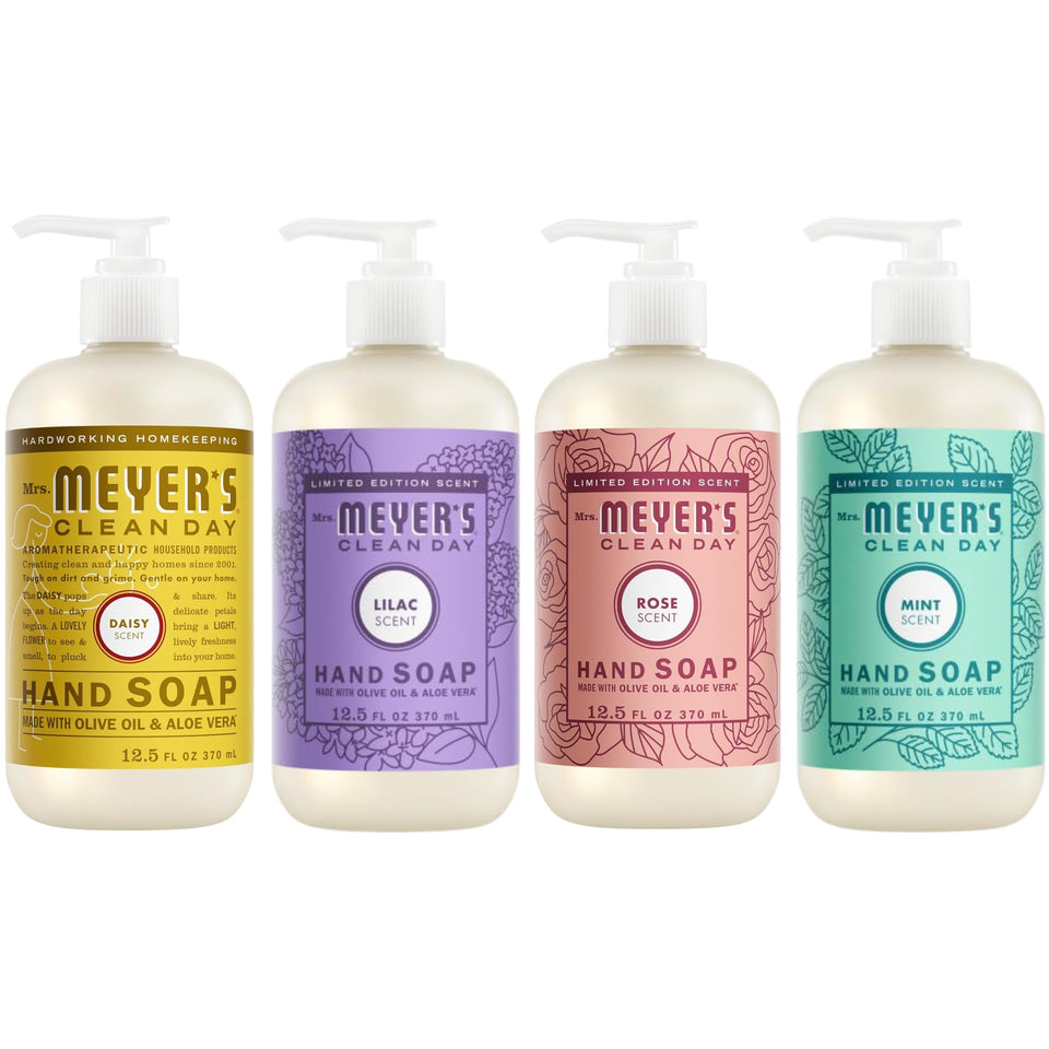 Mrs. MEYER'S holiday bundle front packaging showing four scented bottles and cheerful design