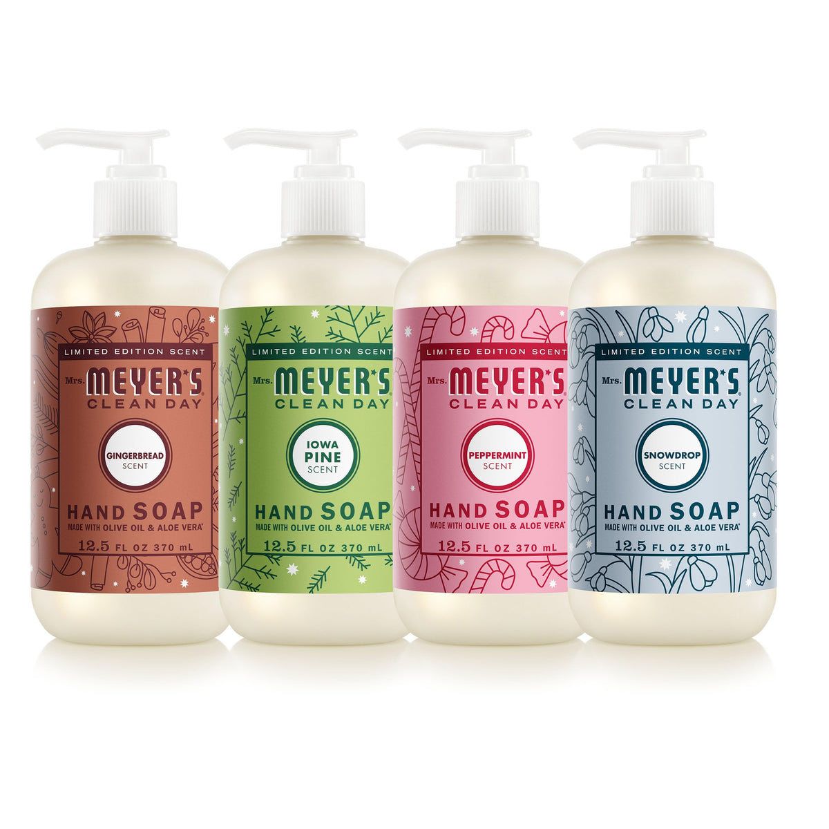 Mrs. MEYER'S holiday set front packaging showing four festive bottles and variety benefits