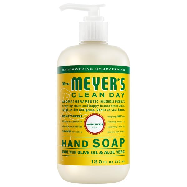 Mrs. MEYER'S Honeysuckle bottle label close-up highlighting natural ingredients