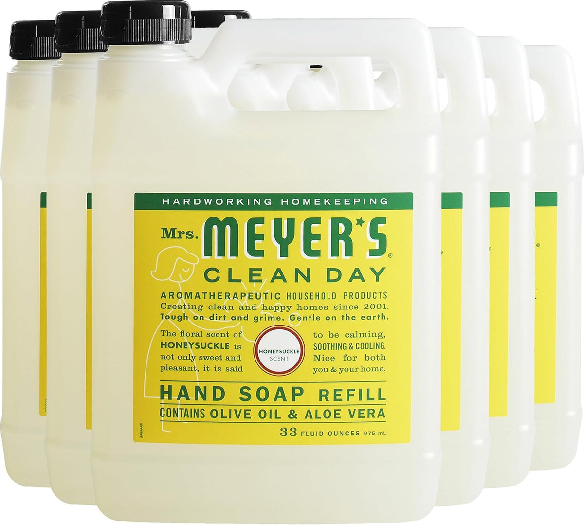 Mrs. MEYER'S front packaging showing honeysuckle refill and eco benefit