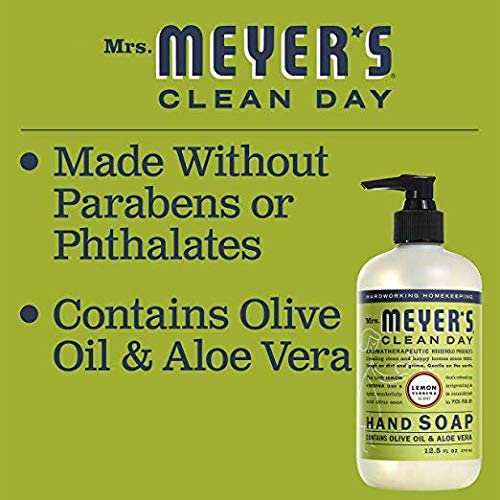 Mrs. MEYER'S ingredient label close-up listing olive oil and aloe vera for skin care benefit