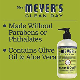 Mrs. MEYER'S ingredient label close-up listing olive oil and aloe vera for skin care benefit