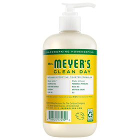 Mrs. MEYER'S ingredient label emphasizing essential oils, aloe vera, olive oil and clean formulation