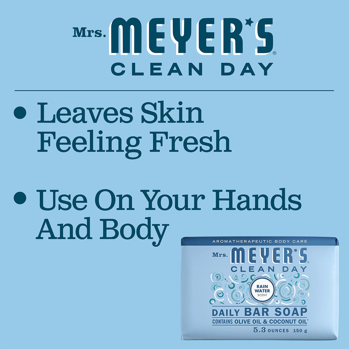 Mrs. Meyer's soap ingredient oils display highlighting olive and coconut oil moisturizing benefits