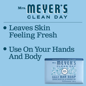 Mrs. Meyer's soap ingredient oils display highlighting olive and coconut oil moisturizing benefits
