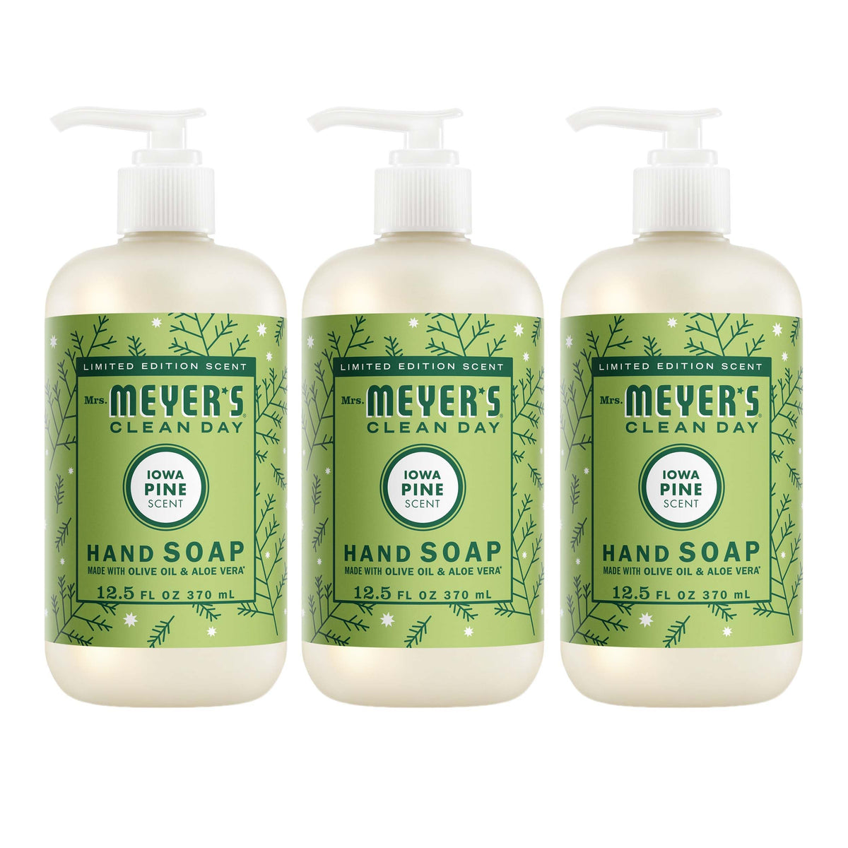 Mrs. MEYER'S front packaging showing Iowa Pine scent and pump benefits