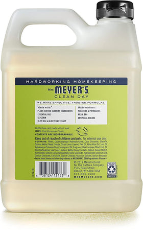 Mrs. MEYER'S label ingredient detail listing olive oil and aloe vera for gentler cleansing