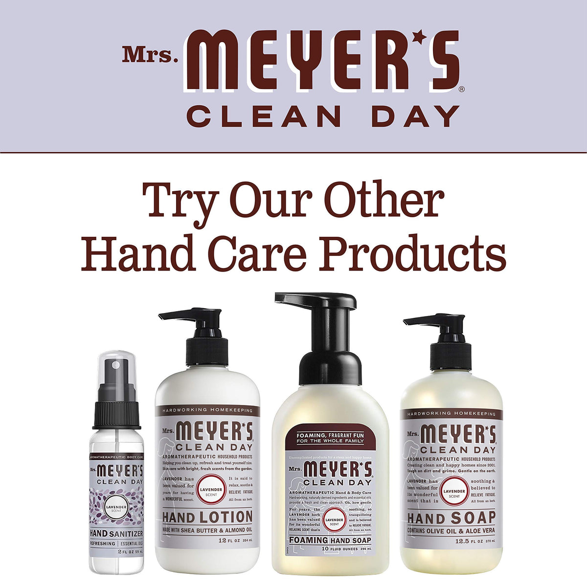 Mrs. MEYER'S label ingredient list close-up showing aloe vera and olive oil benefits