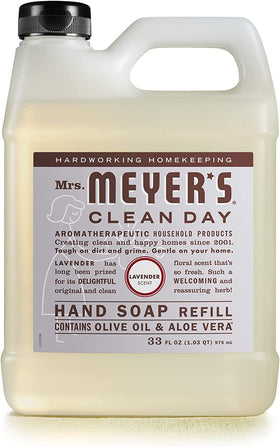Mrs. MEYER'S Lavender refill staged in a bathroom suggesting calming hand care